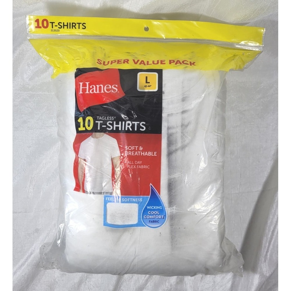 Hanes 10-Pack Men's Longer Length Wicking Cool Soft Tagless T-Shirts - White - L